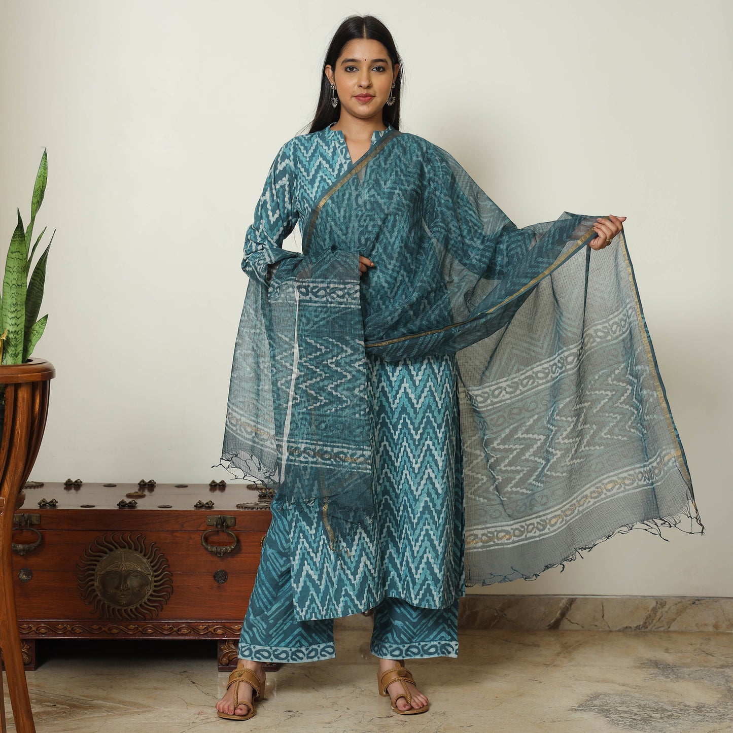 Blue - Bagru Block Printed Cotton Kurta with Palazzo & Kota Doria Dupatta Set 09