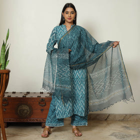 Blue - Bagru Block Printed Cotton Kurta with Palazzo & Kota Doria Dupatta Set 09