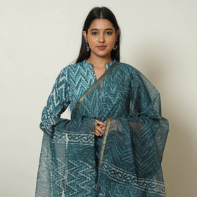 Blue - Bagru Block Printed Cotton Kurta with Palazzo & Kota Doria Dupatta Set 09