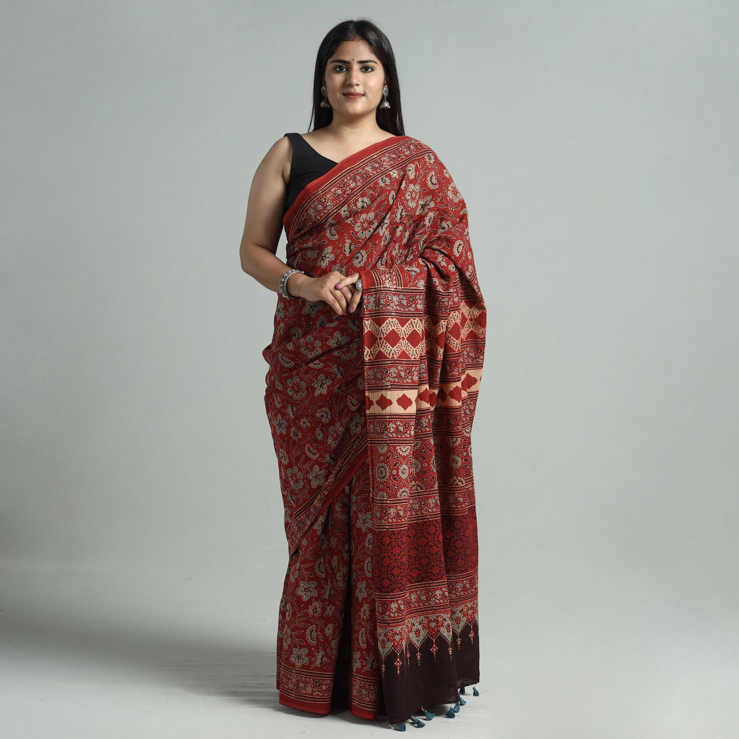 Red - Ajrakh Block Printed Mul Cotton Natural Dyed Saree with Blouse Piece 09