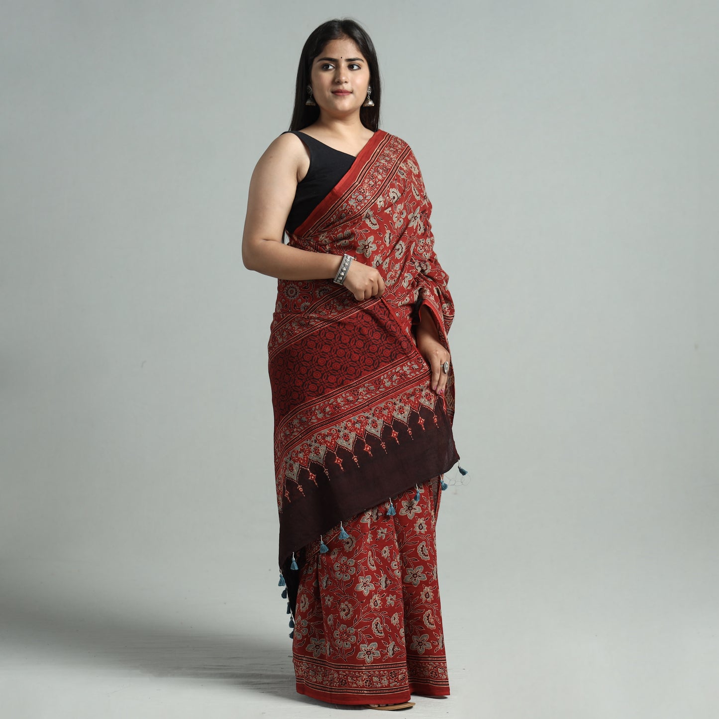 Red - Ajrakh Block Printed Mul Cotton Natural Dyed Saree with Blouse Piece 09