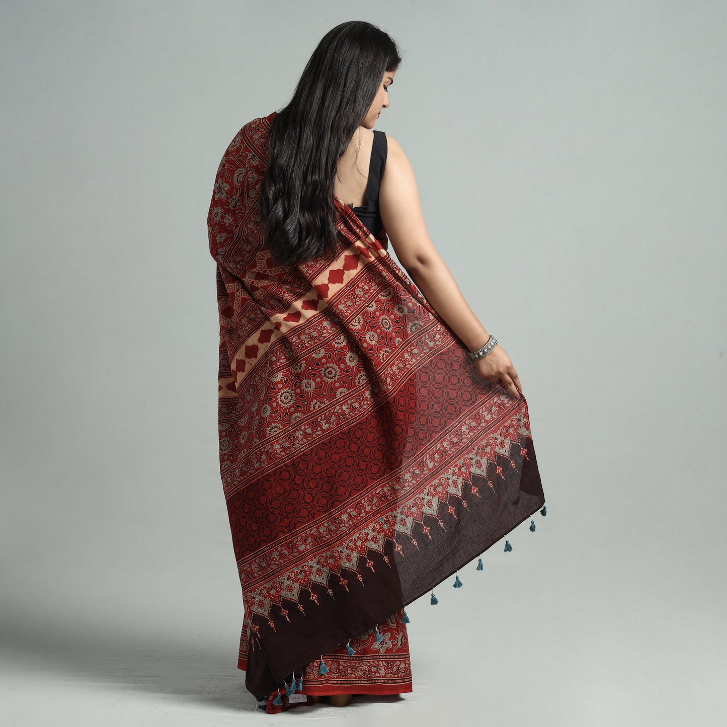 Red - Ajrakh Block Printed Mul Cotton Natural Dyed Saree with Blouse Piece 09