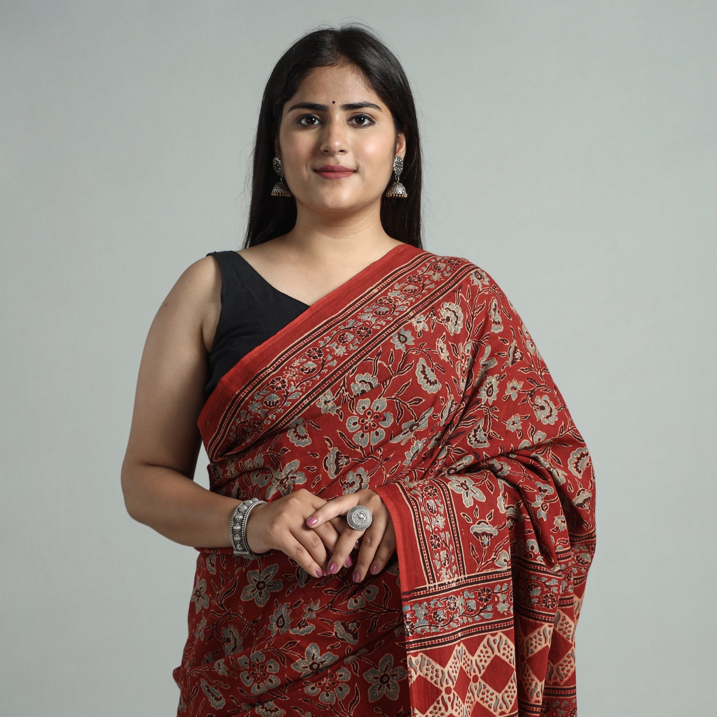 Red - Ajrakh Block Printed Mul Cotton Natural Dyed Saree with Blouse Piece 09
