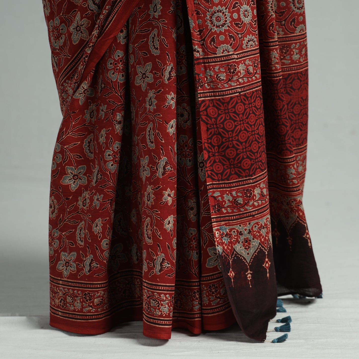 Red - Ajrakh Block Printed Mul Cotton Natural Dyed Saree with Blouse Piece 09