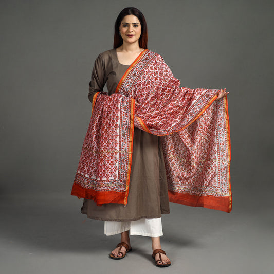 Red - Sanganeri Block Printed Handloom Chanderi Silk Zari Border Dupatta 23