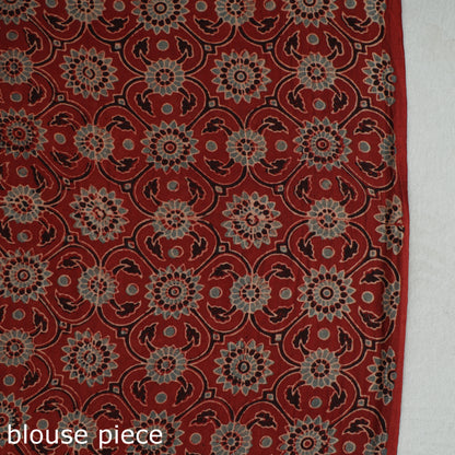 Red - Ajrakh Block Printed Mul Cotton Natural Dyed Saree with Blouse Piece 09