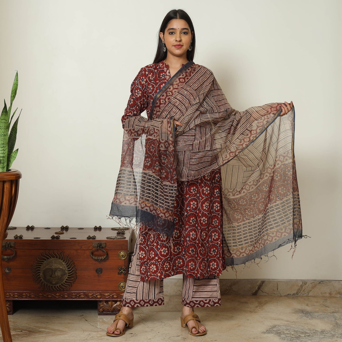 Red - Bagru Block Printed Cotton Kurta with Palazzo & Kota Doria Dupatta Set 10