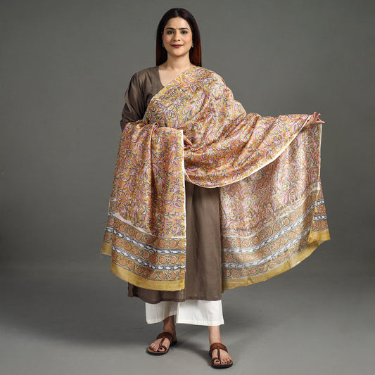 Brown - Sanganeri Block Printed Handloom Chanderi Silk Zari Border Dupatta 25