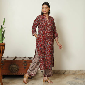 Red - Bagru Block Printed Cotton Kurta with Palazzo & Kota Doria Dupatta Set 10