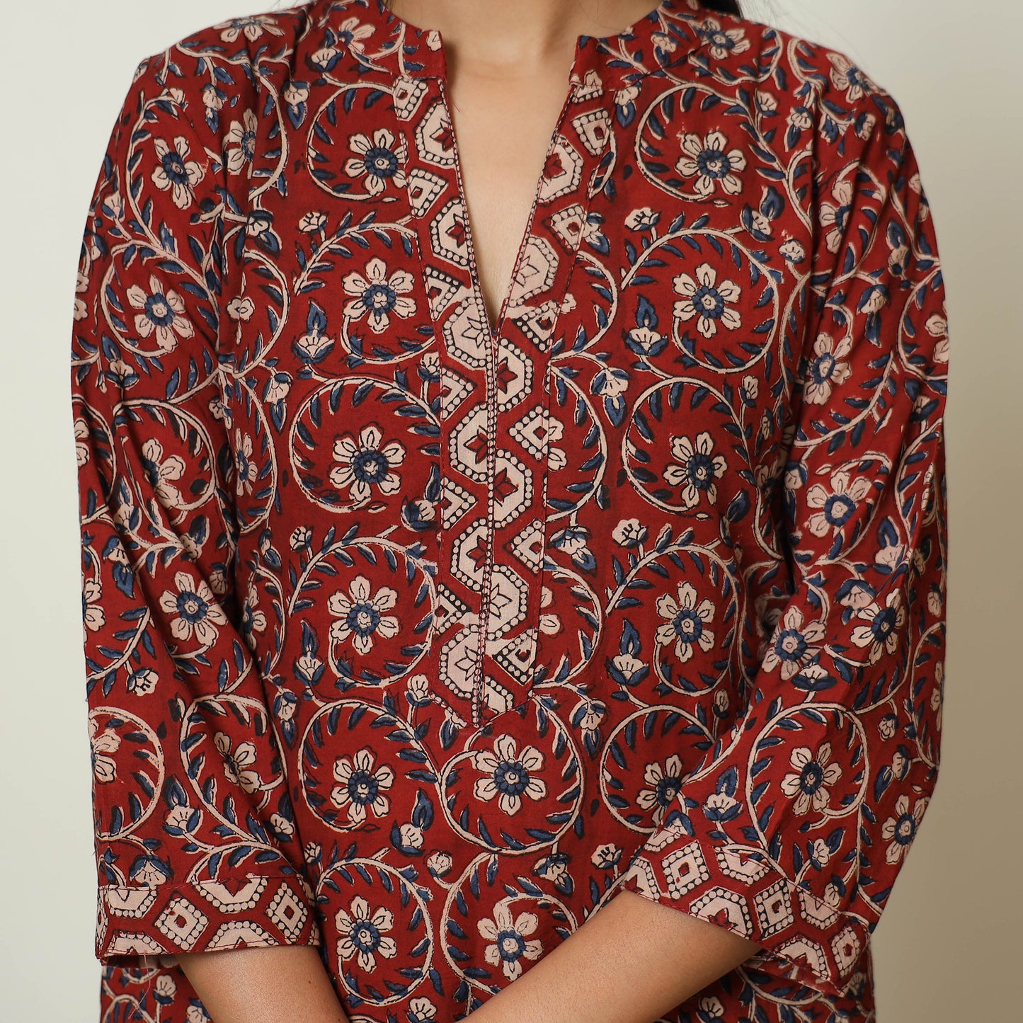 Red - Bagru Block Printed Cotton Kurta with Palazzo & Kota Doria Dupatta Set 10