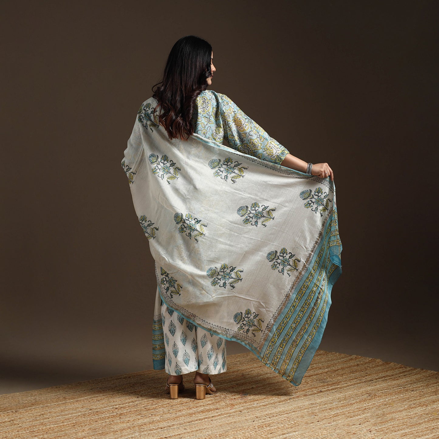 Chanderi Silk Block Print Sanganeri Suit Set with Dupatta for women 05