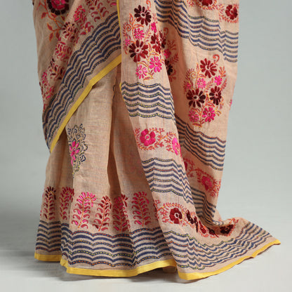 Brown - Ranihati Phulkari Hand Embroidery Chanderi Silk Printed Saree 01