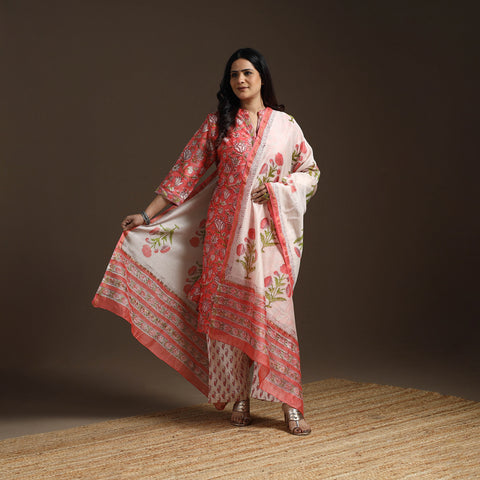 Pink - Chanderi Silk Block Print Sanganeri Suit Set with Dupatta for women 03