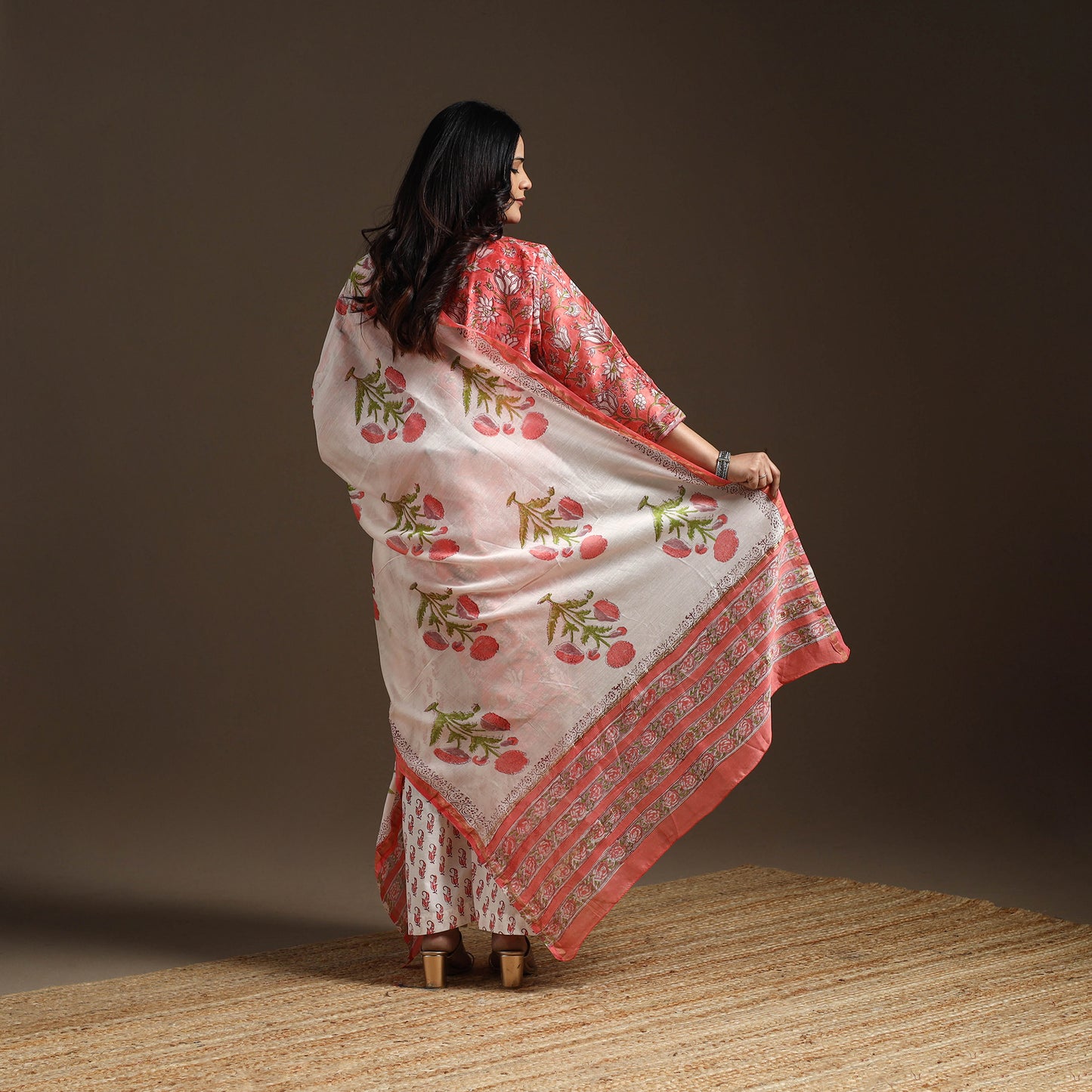 Pink - Chanderi Silk Block Print Sanganeri Suit Set with Dupatta for women 03