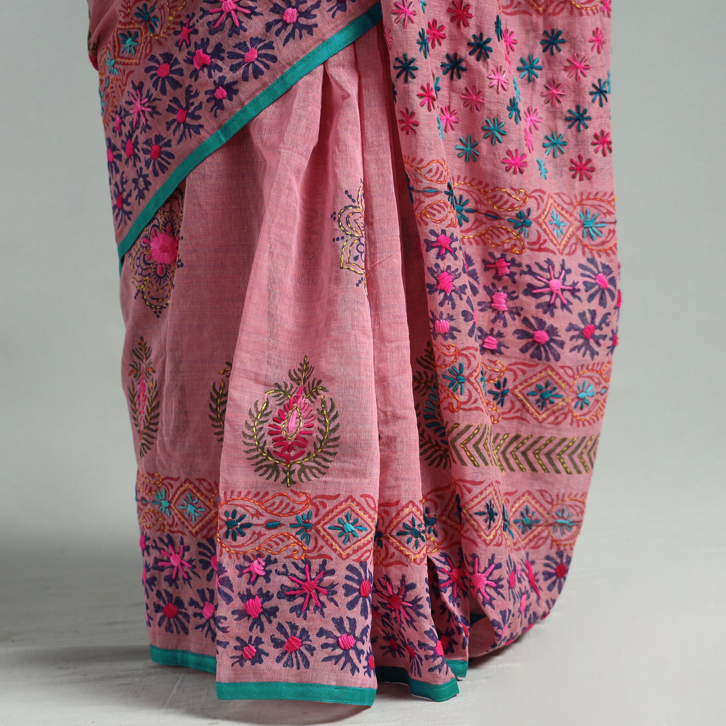 Pink - Ranihati Phulkari Hand Embroidery Chanderi Silk Printed Saree 02