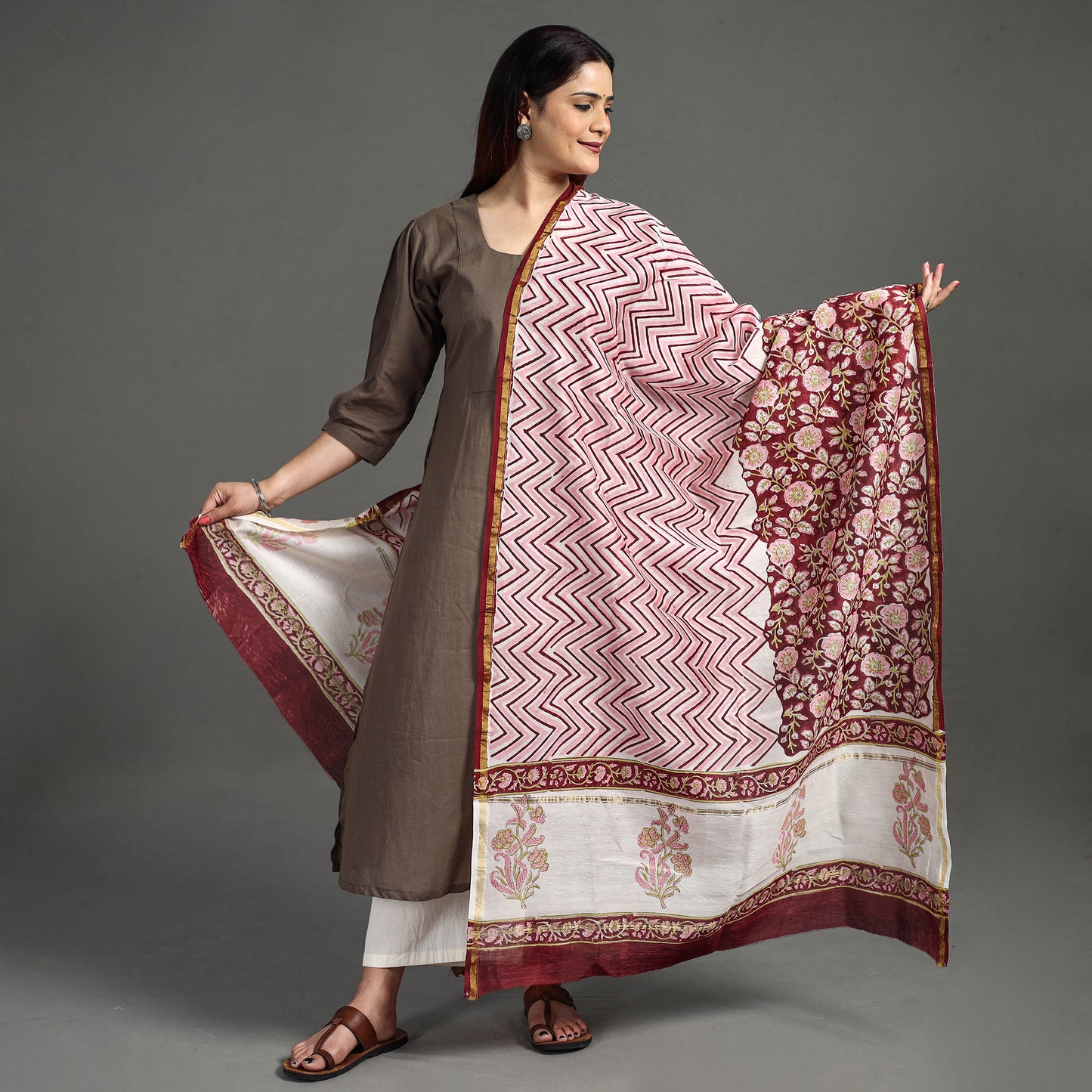 Maroon - Sanganeri Block Printed Handloom Chanderi Silk Zari Border Dupatta 33