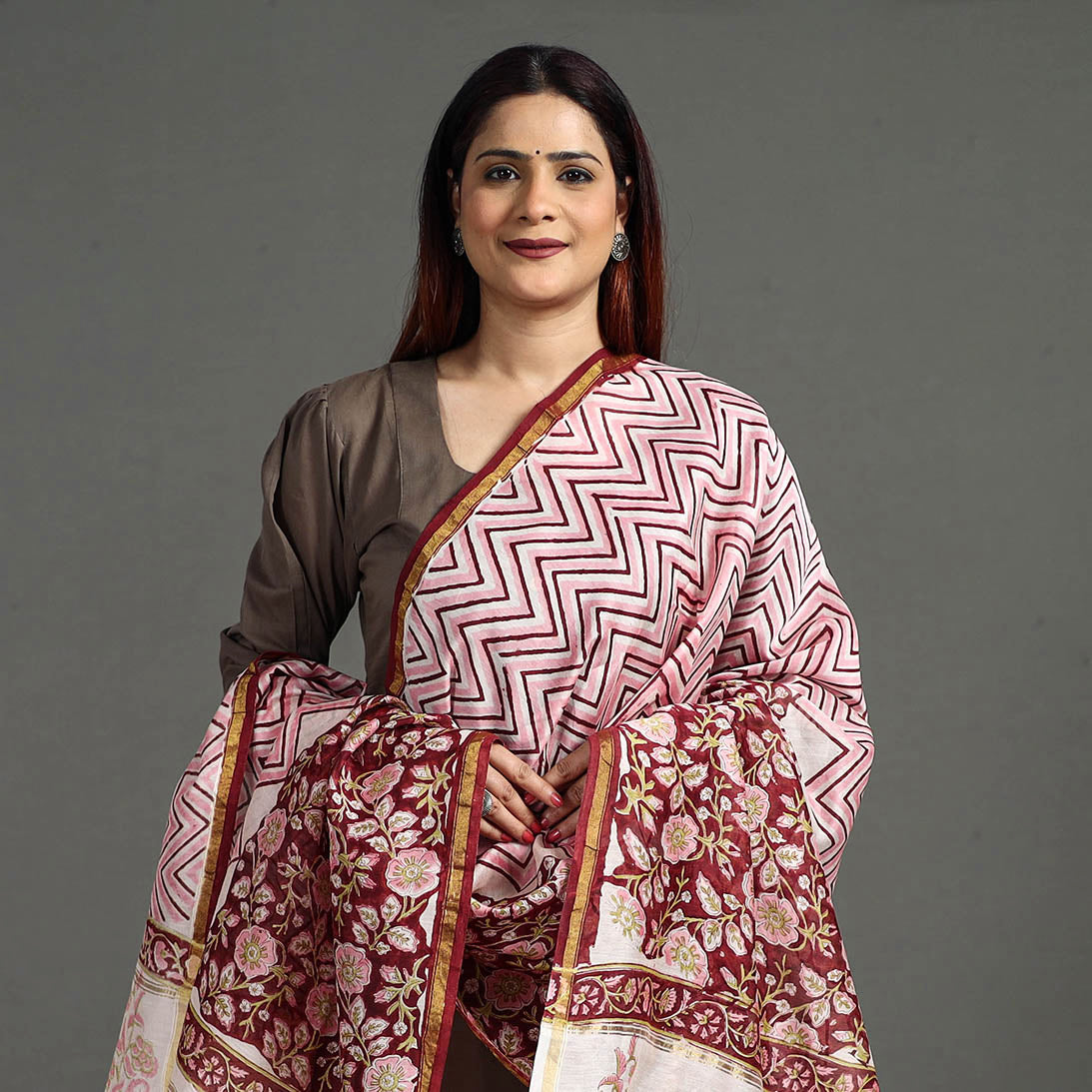 Maroon - Sanganeri Block Printed Handloom Chanderi Silk Zari Border Dupatta 33