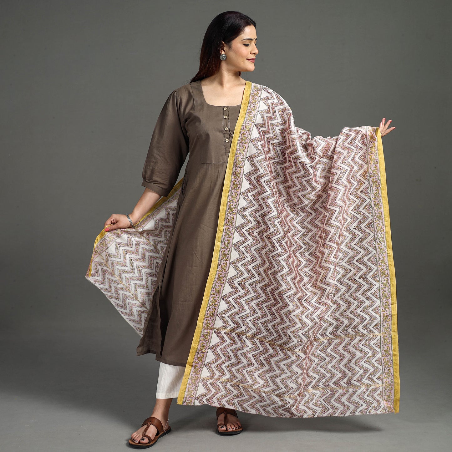 Brown - Sanganeri Block Printed Handloom Chanderi Silk Zari Border Dupatta 34