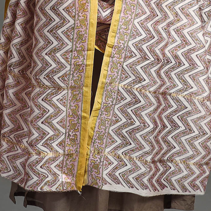 Brown - Sanganeri Block Printed Handloom Chanderi Silk Zari Border Dupatta 34