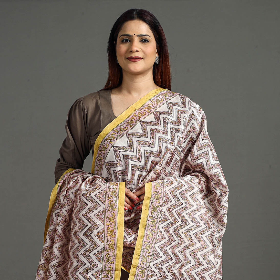 Brown - Sanganeri Block Printed Handloom Chanderi Silk Zari Border Dupatta 34