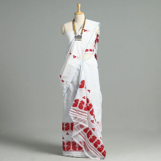 White - Assam Traditional Handloom Silk Cotton Mekhela Chador with Blouse Piece 02