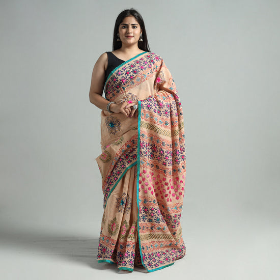 Brown - Ranihati Phulkari Hand Embroidery Chanderi Silk Printed Saree 04