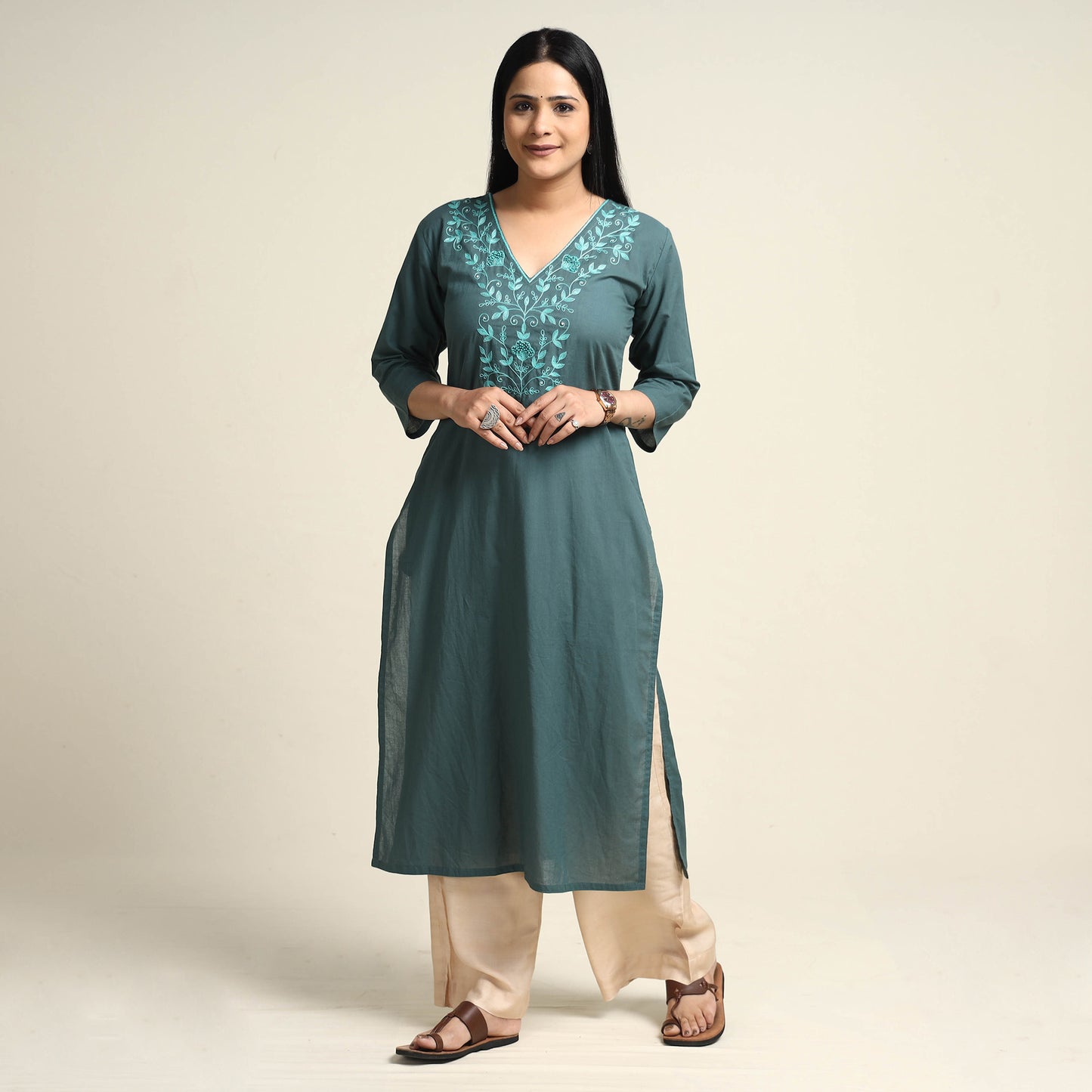 Persian Green Hand Embroidery Plain Cotton Long Kurta