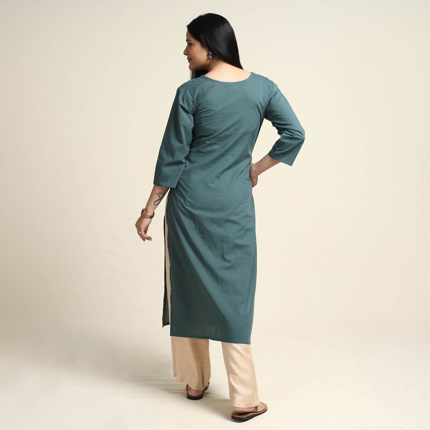 Persian Green Hand Embroidery Plain Cotton Long Kurta