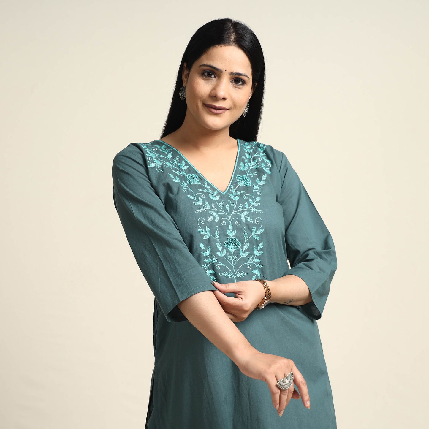 Persian Green Hand Embroidery Plain Cotton Long Kurta