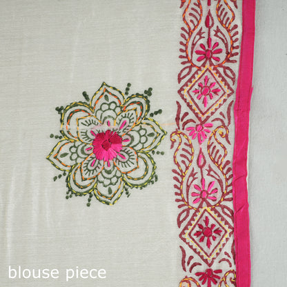 White - Ranihati Phulkari Hand Embroidery Chanderi Silk Printed Saree 03