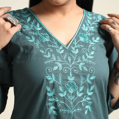 Persian Green Hand Embroidery Plain Cotton Long Kurta