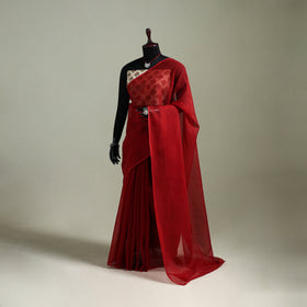 Red - Nazaakat Kota Doria Cotton Plain Saree with Blouse & Jewellery Set 178
