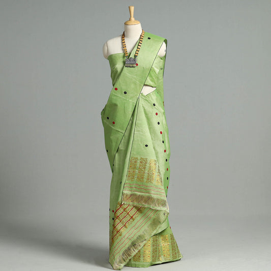Green - Assam Traditional Handloom Tussar Silk Mekhela Chador with Blouse Piece 03