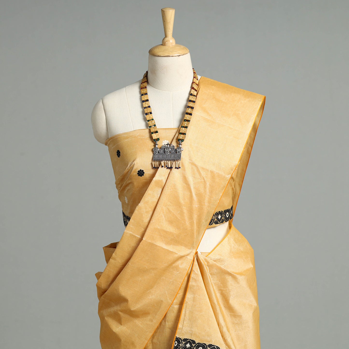 Yellow - Assam Traditional Handloom Tussar Silk Mekhela Chador with Blouse Piece 04