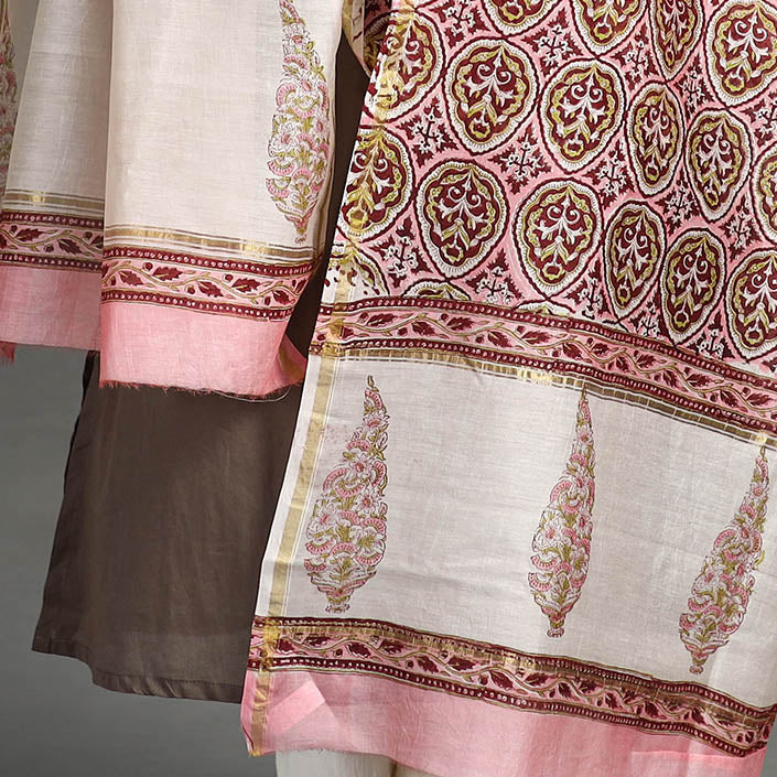 Pink - Sanganeri Block Printed Handloom Chanderi Silk Zari Border Dupatta 40