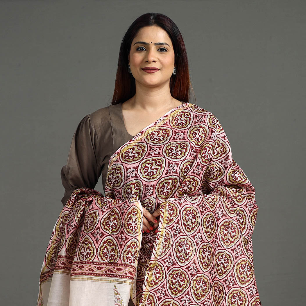 Pink - Sanganeri Block Printed Handloom Chanderi Silk Zari Border Dupatta 40