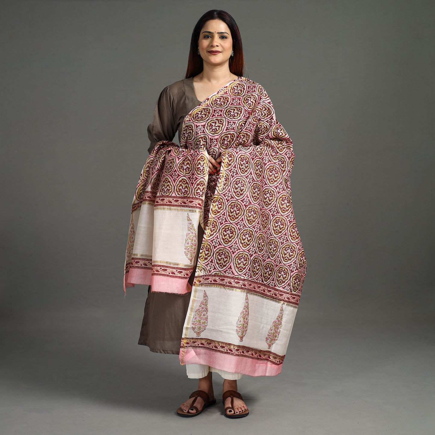 Pink - Sanganeri Block Printed Handloom Chanderi Silk Zari Border Dupatta 40