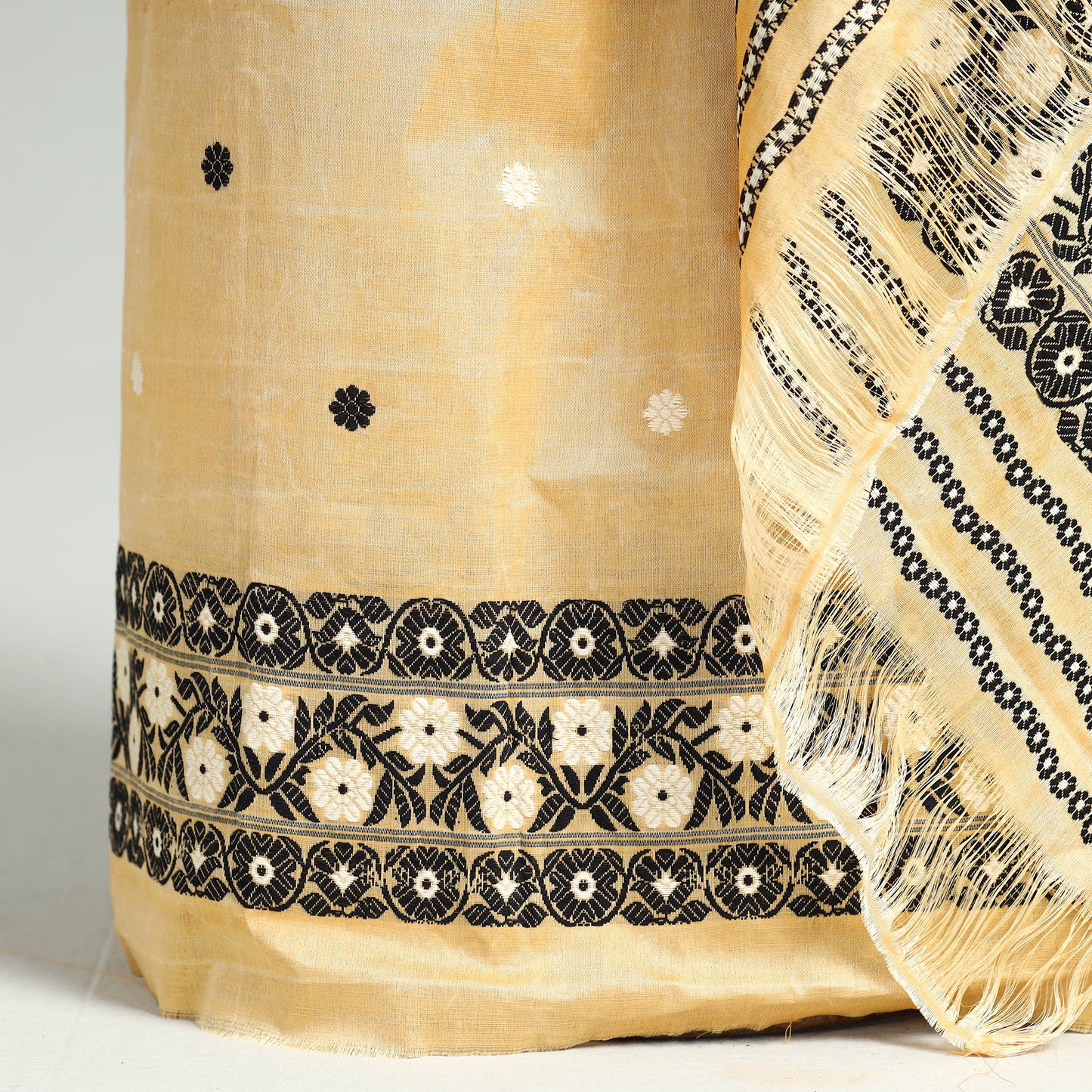Yellow - Assam Traditional Handloom Tussar Silk Mekhela Chador with Blouse Piece 04