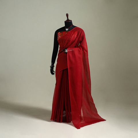 Red - Nazaakat Kota Doria Cotton Plain Saree with Blouse & Jewellery Set 179