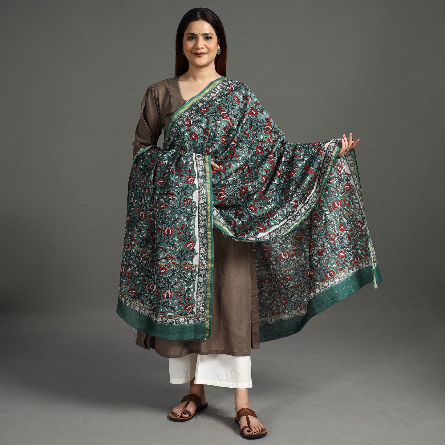 Green - Sanganeri Block Printed Handloom Chanderi Silk Zari Border Dupatta 43