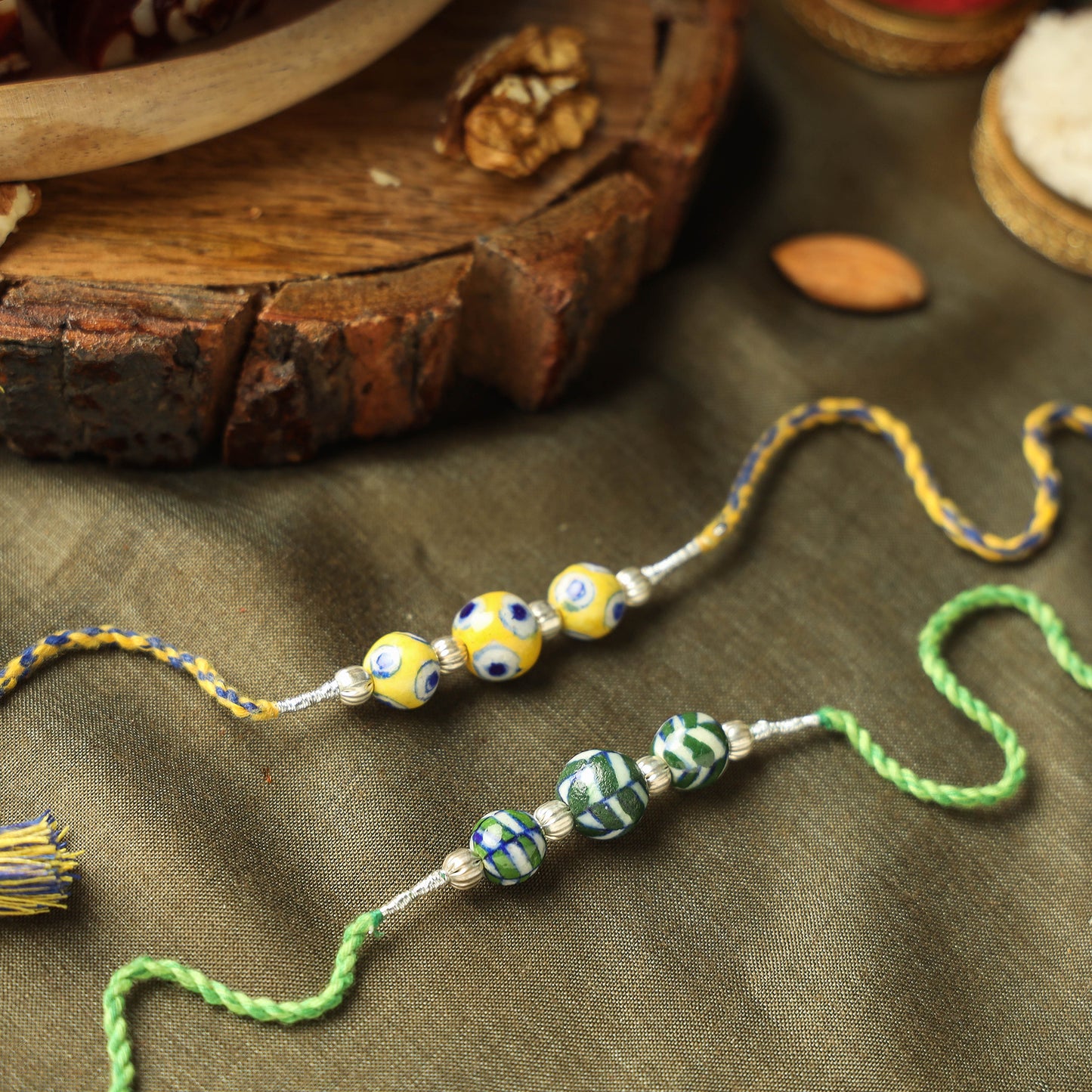 Patwa Blue Pottery Beads Rakhi (Set of 2) with Karachi Halwa