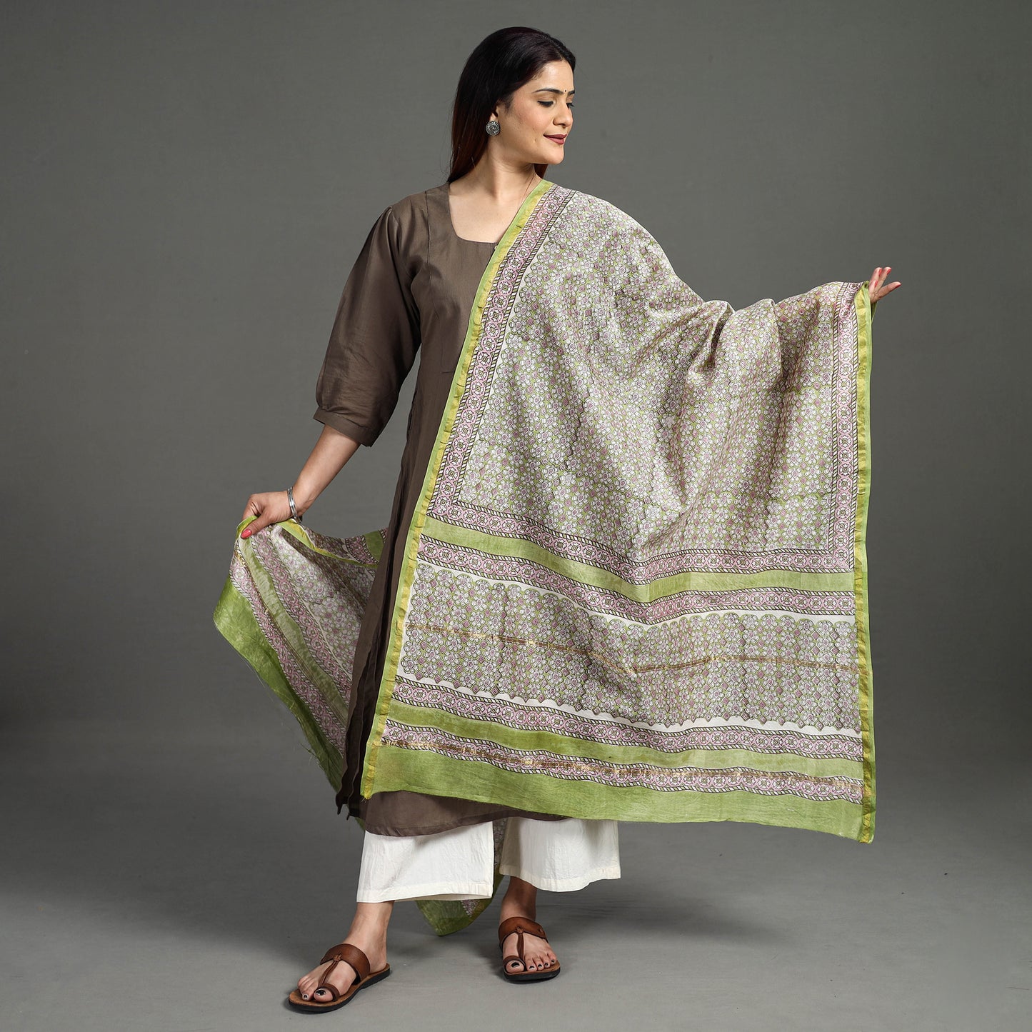 Green - Sanganeri Block Printed Handloom Chanderi Silk Zari Border Dupatta 44