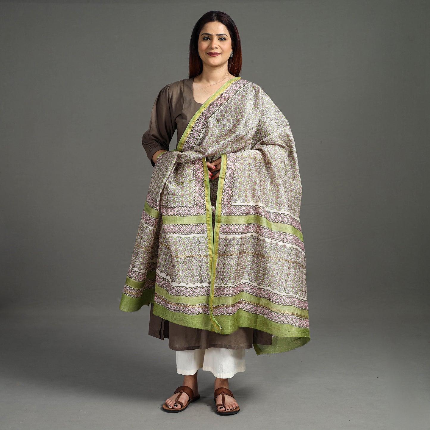 Green - Sanganeri Block Printed Handloom Chanderi Silk Zari Border Dupatta 44