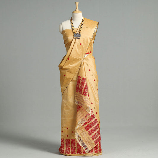 Yellow - Assam Traditional Handloom Tussar Silk Mekhela Chador with Blouse Piece 07