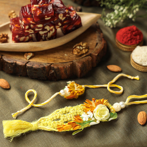 Paper Flowers & Thread Work Bhaiya Bhabhi Rakhi with Karachi Halwa