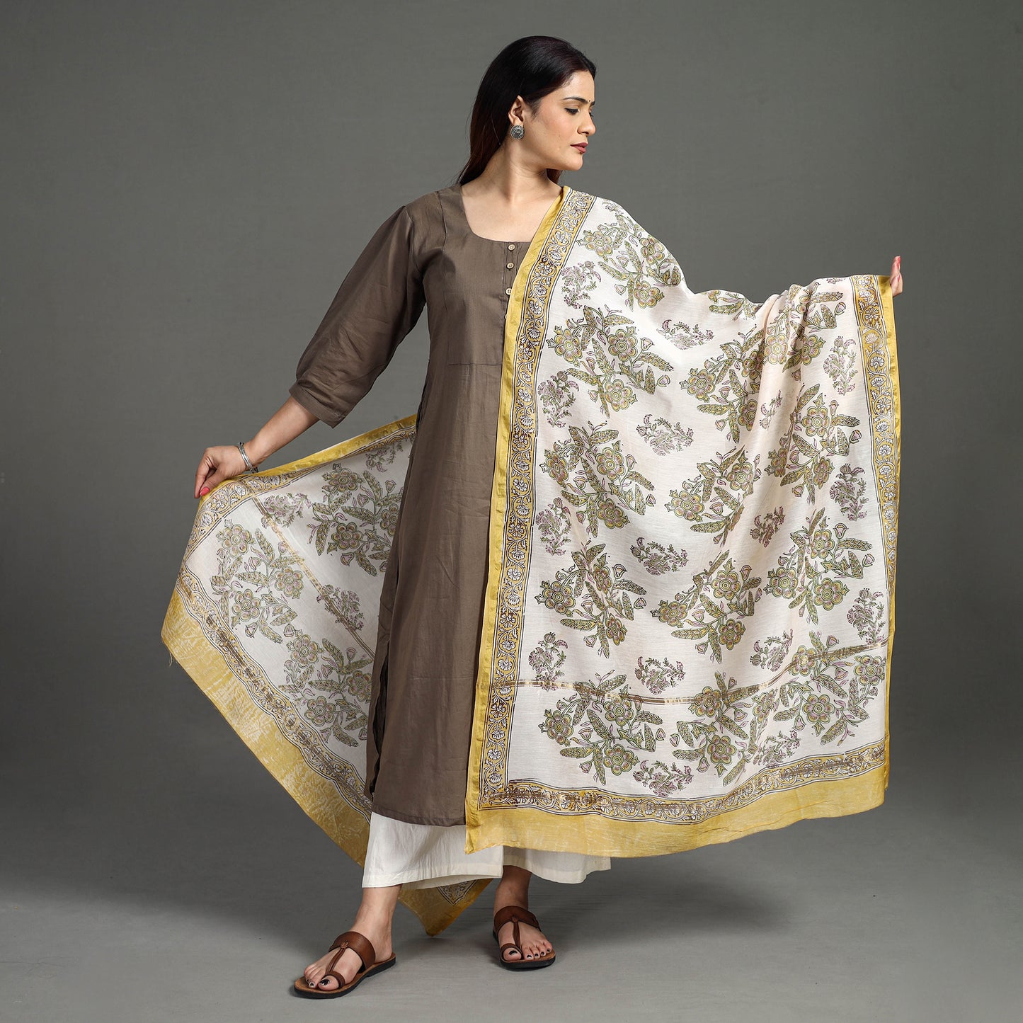 White - Sanganeri Block Printed Handloom Chanderi Silk Zari Border Dupatta 51