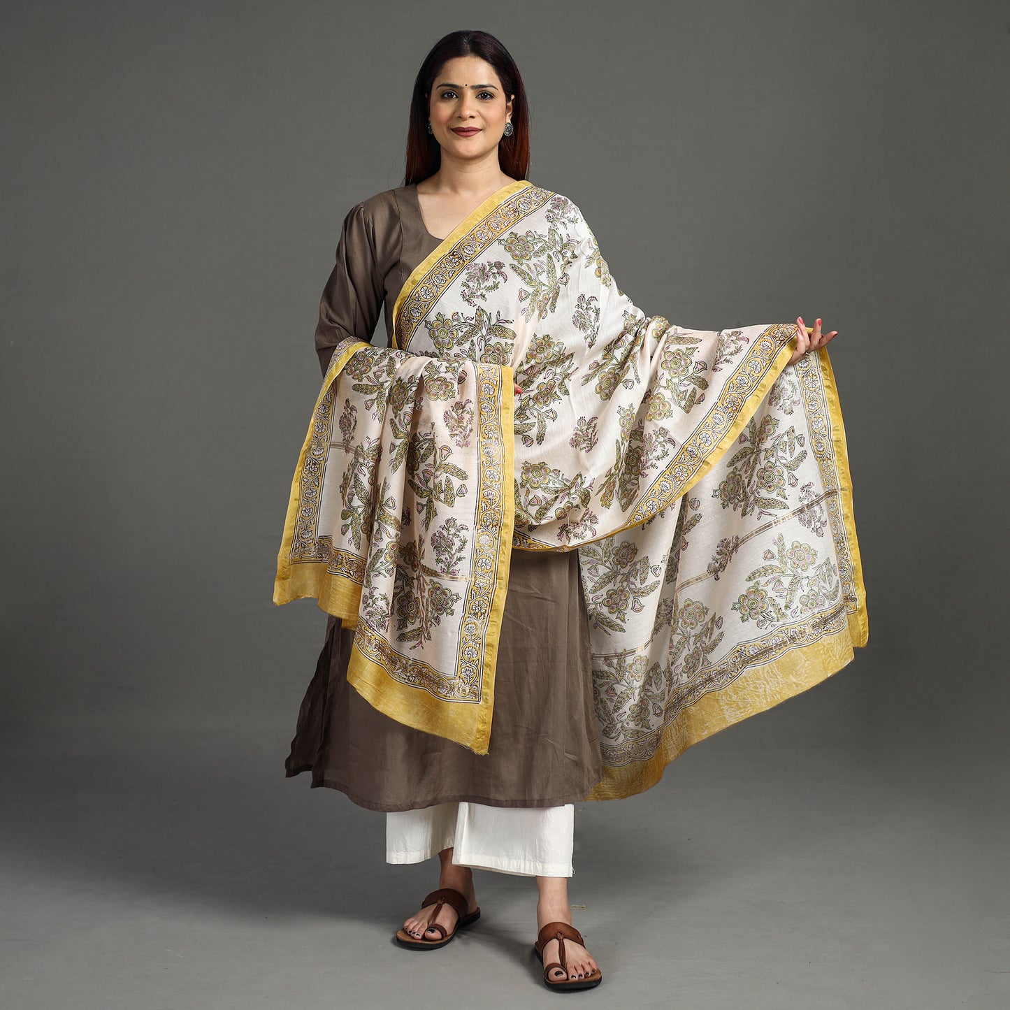 White - Sanganeri Block Printed Handloom Chanderi Silk Zari Border Dupatta 51