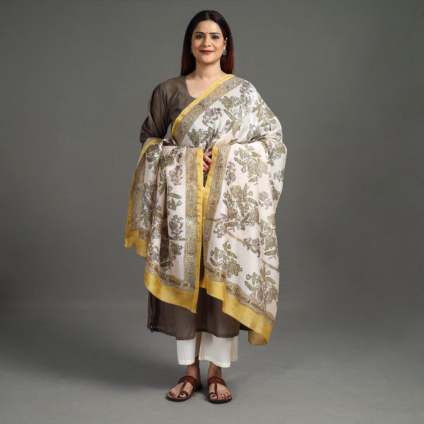 White - Sanganeri Block Printed Handloom Chanderi Silk Zari Border Dupatta 51