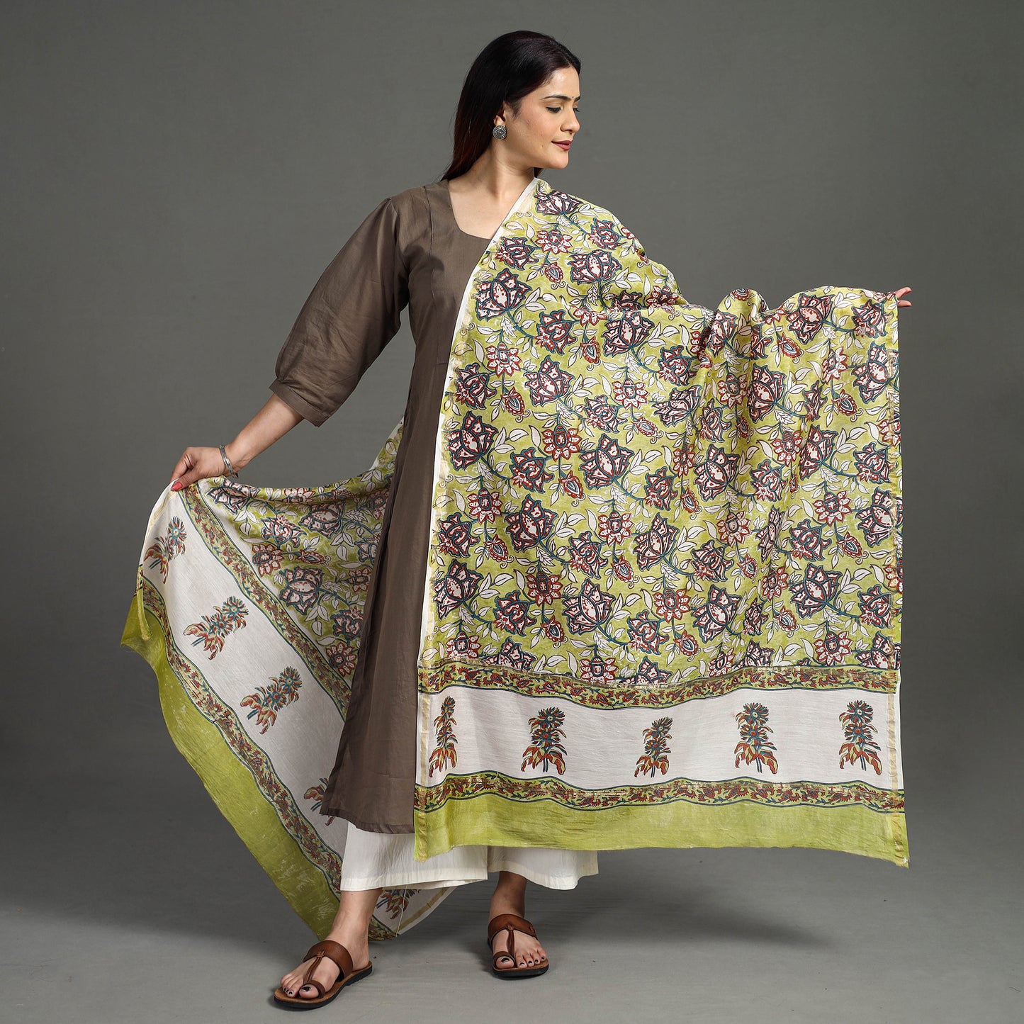 Green - Sanganeri Block Printed Handloom Chanderi Silk Zari Border Dupatta 52