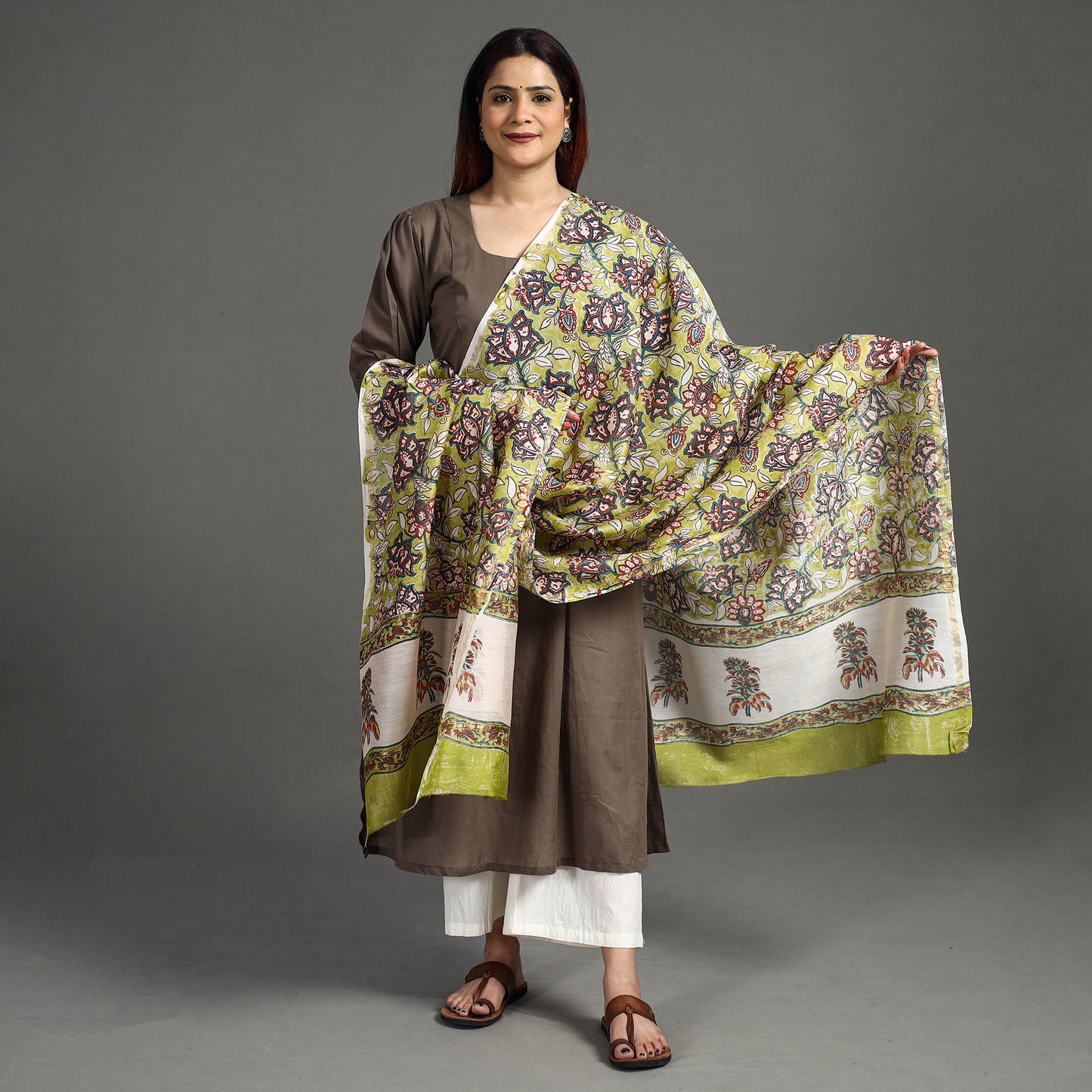 Green - Sanganeri Block Printed Handloom Chanderi Silk Zari Border Dupatta 52